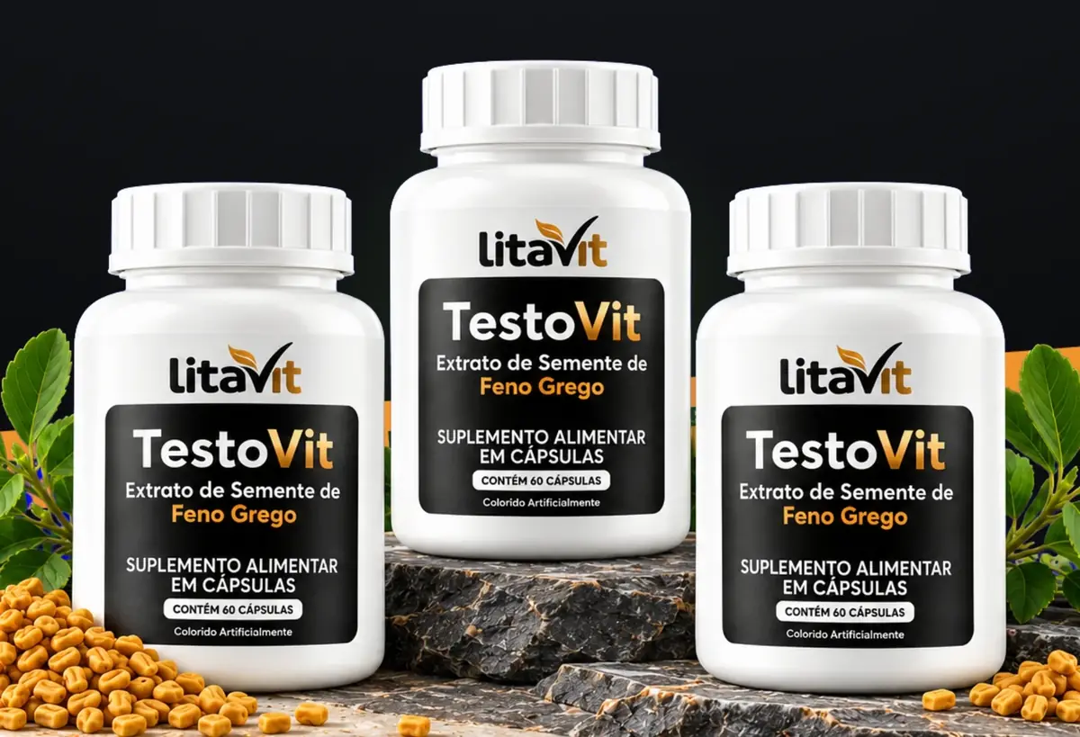 Três frascos de TestoVit, da LitaVit, sobre pedra escura, com sementes e ramos de feno grego ao redor
